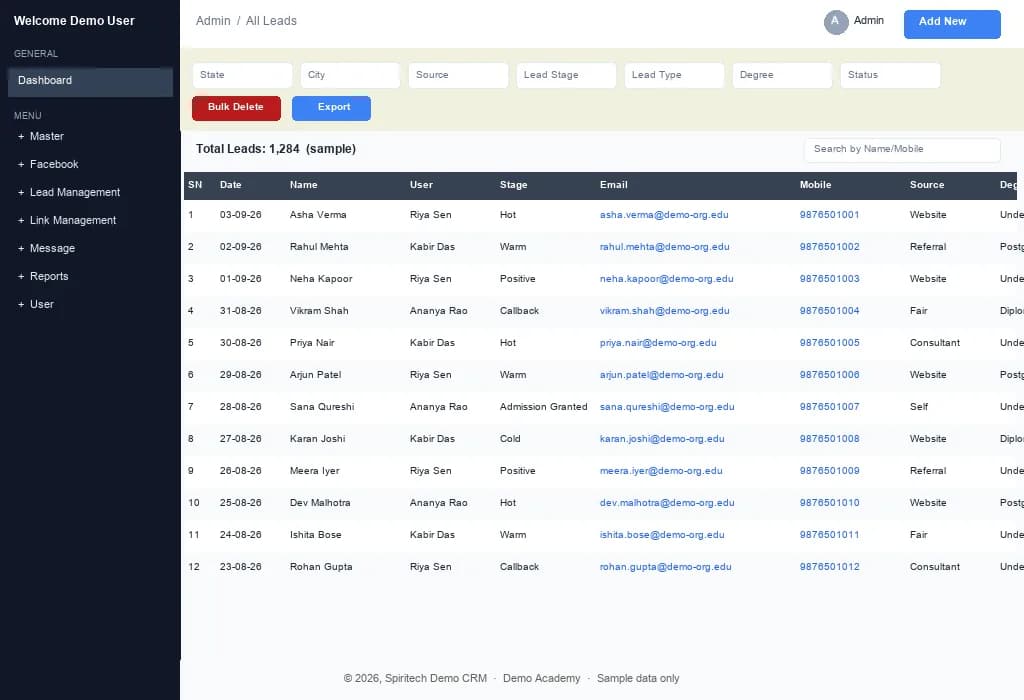 CRM – All leads screen
