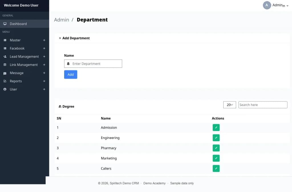 CRM – Departments screen