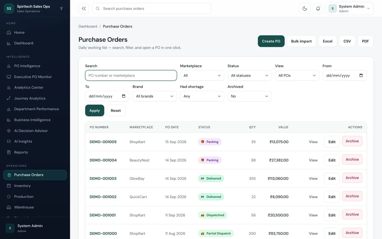 Sales Journey Tracker – Purchase orders screen