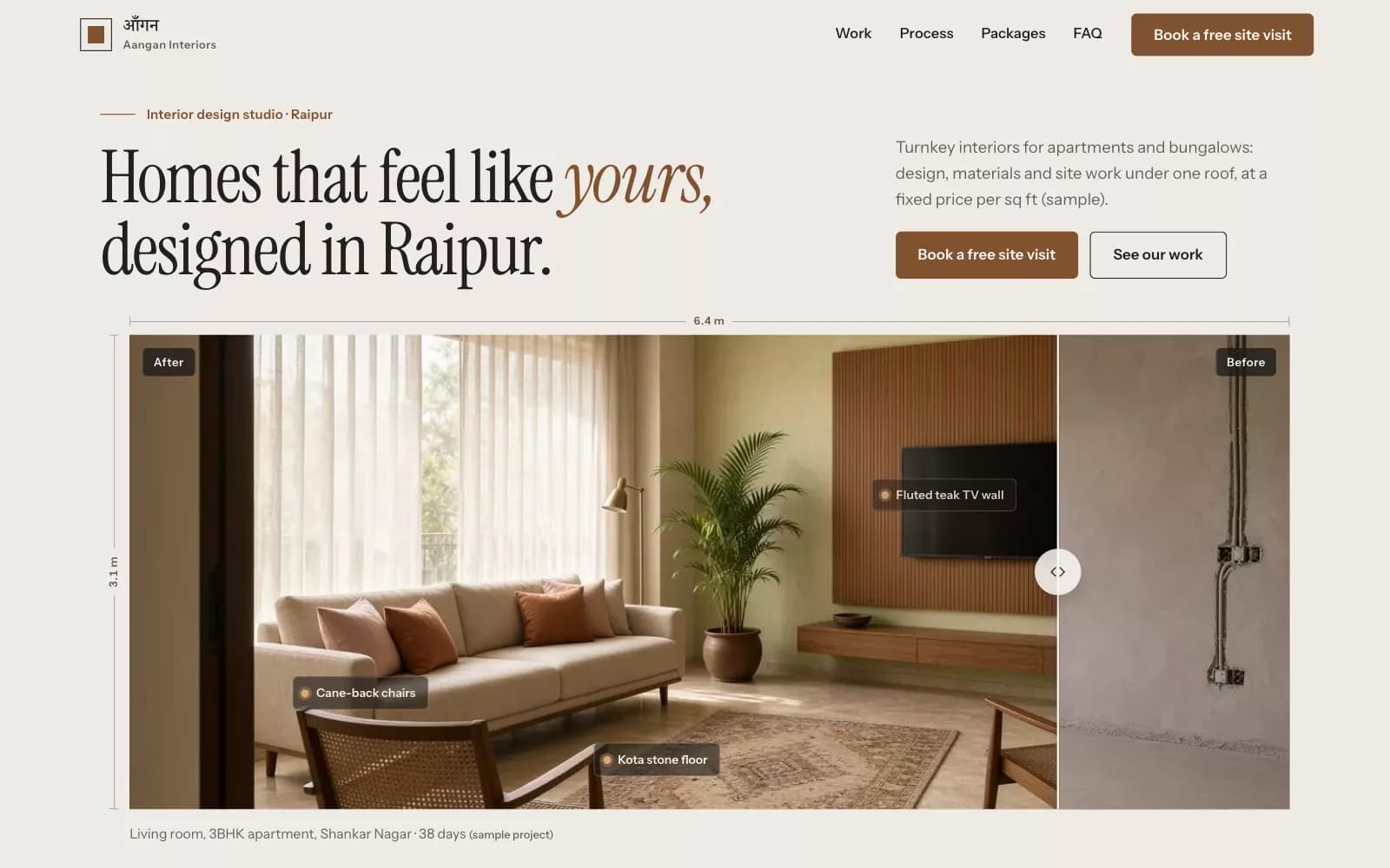 Aangan Interiors interior design website demo: warm stone landing page with a large serif headline above a before/after photo of a living room, half bare shell and half finished with a teak wall