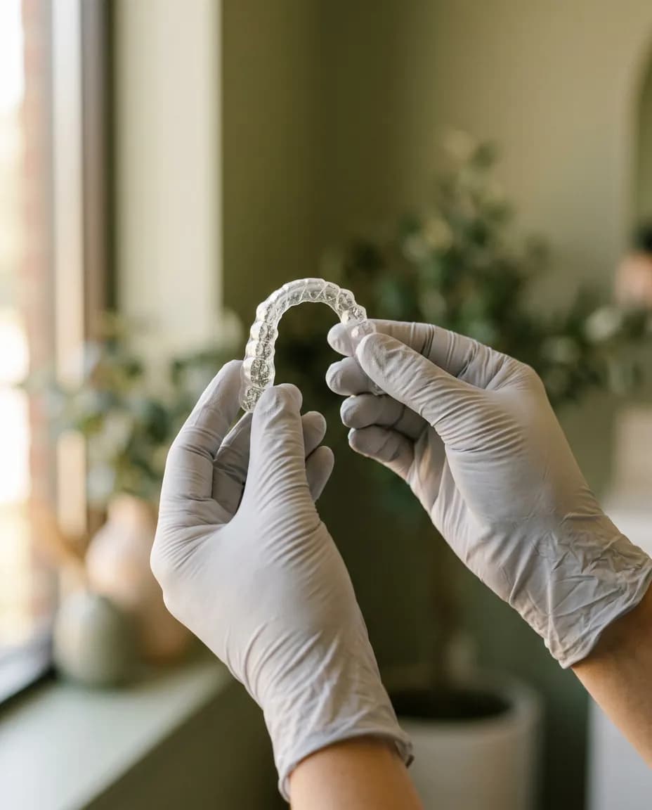Gloved hands holding a clear aligner up to soft window light