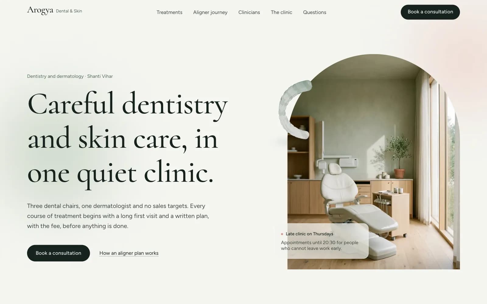 Arogya clinic website design demo: calm dental and skin clinic landing page with a serif headline beside an arched photo of a sage-green treatment room