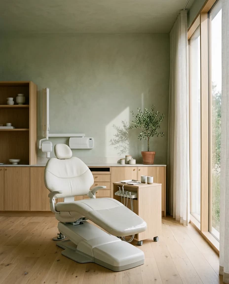 A Arogya treatment room: a pale dental chair beside a tall window, sage plaster walls and leaf shadows