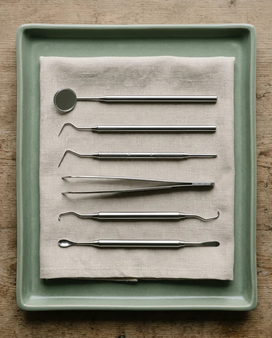 Dental instruments laid out in a row on a pale linen tray