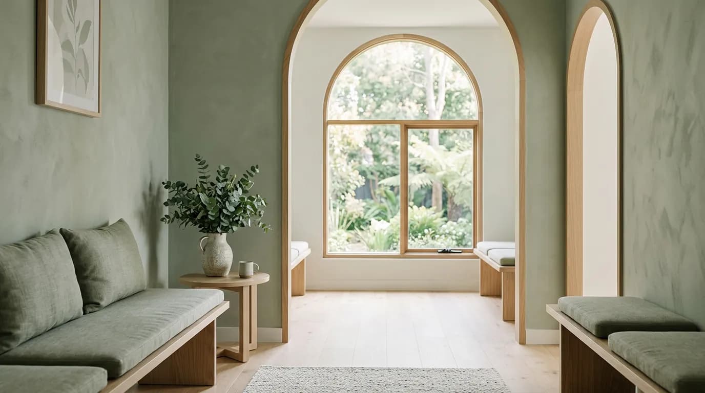 The Arogya waiting area: pale oak benches, sage plaster walls and linen curtains in morning light