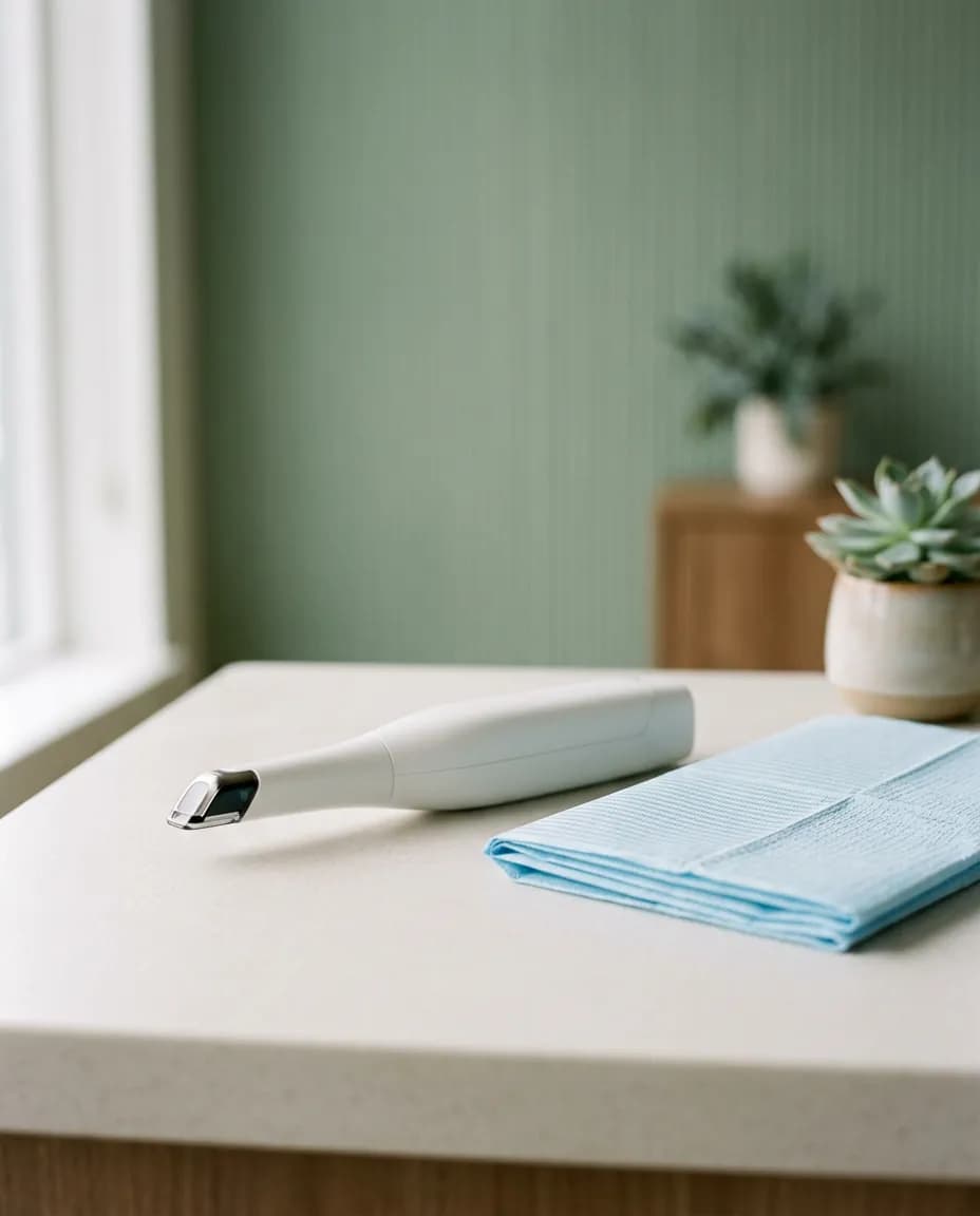 A slim intraoral scanner resting on a pale counter beside a folded paper bib