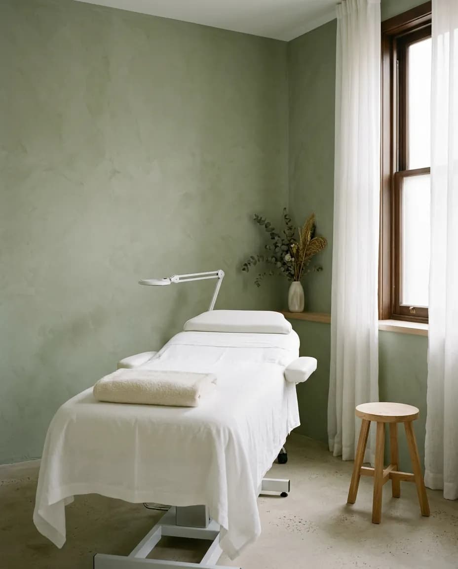 The skin room: a treatment bed with folded white towels beside a tall window