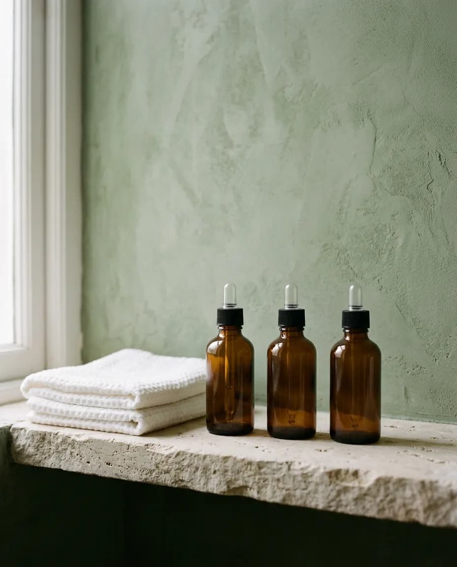 Amber glass dropper bottles and a folded cotton towel on a stone shelf