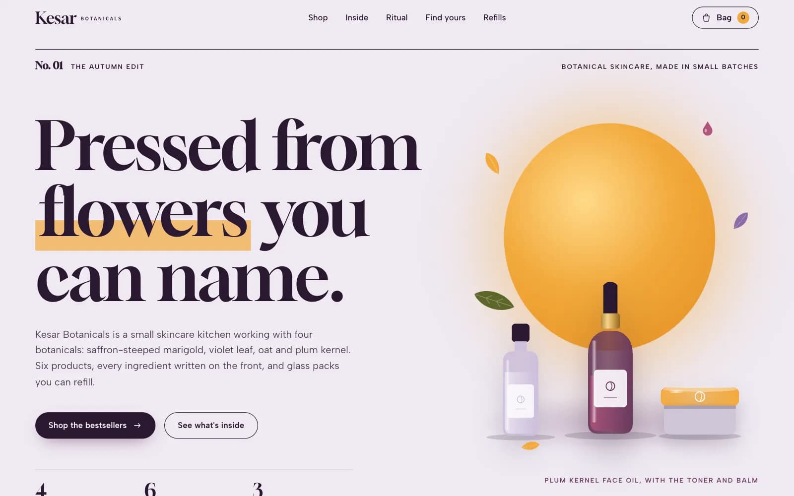 Kesar Botanicals skincare website design demo: editorial beauty e-commerce landing page with a large serif headline beside plum and lilac bottles in front of a marigold sun