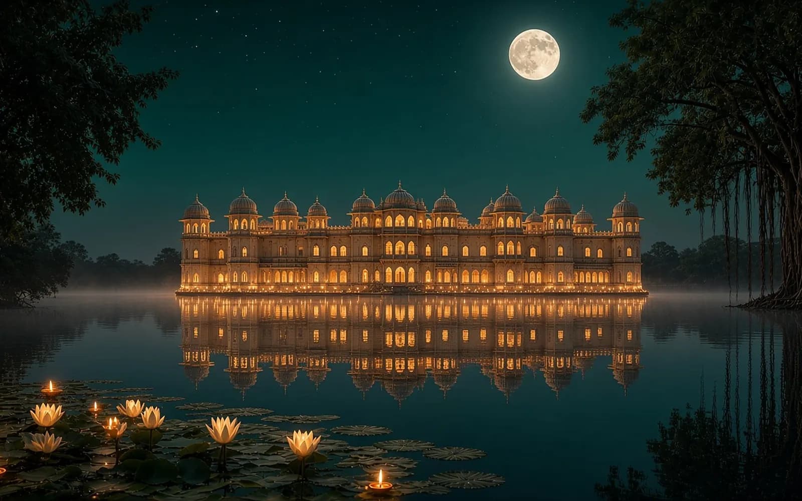 Kumudini Bagh resort website design demo: a lake palace lit by hundreds of diyas under a full moon, reflected in still water with white lilies