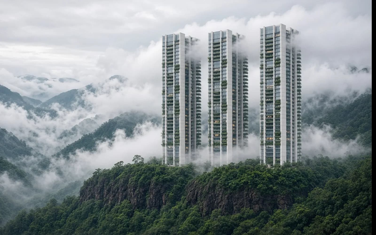 Meghvan Ridge real estate website design demo: three slim white towers rising out of monsoon cloud above a forested ridge