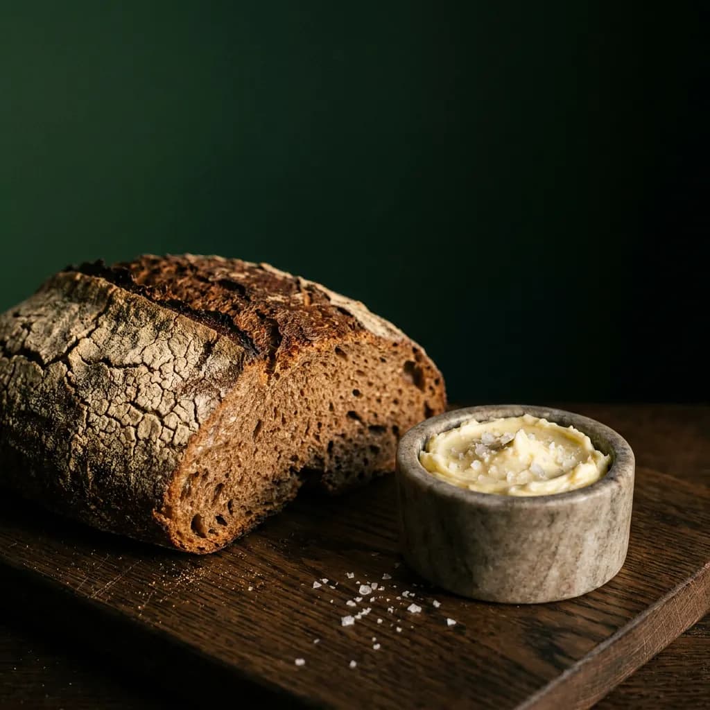 Torn dark rye sourdough beside a pot of whipped butter