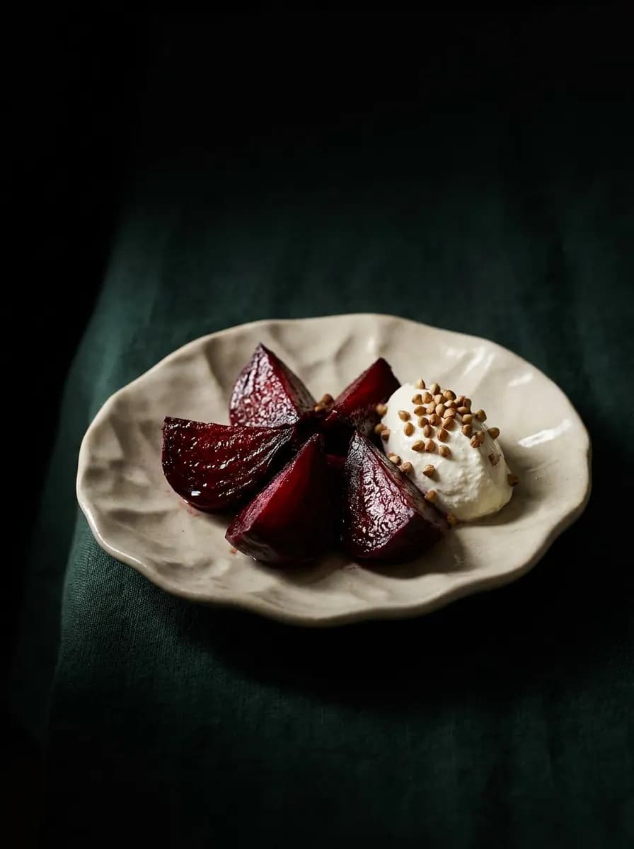 Glossy slices of ash-baked beetroot with white smoked curd and buckwheat