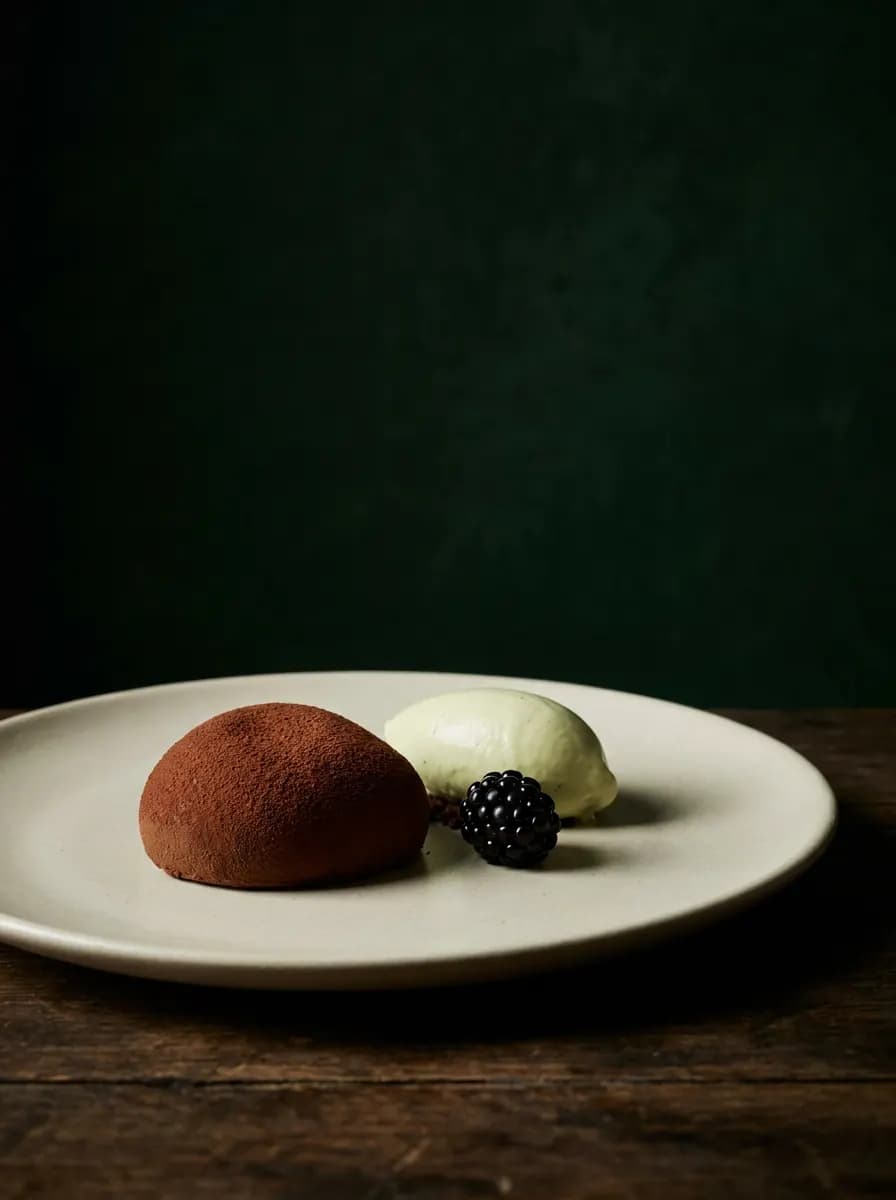 A smooth dark chocolate dessert shaped like a stone beside a pale bay-leaf ice cream
