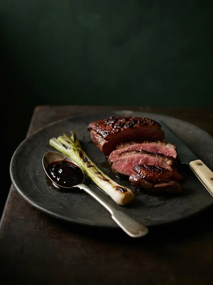 Slices of pink dry-aged duck breast with black plum sauce and a charred leek