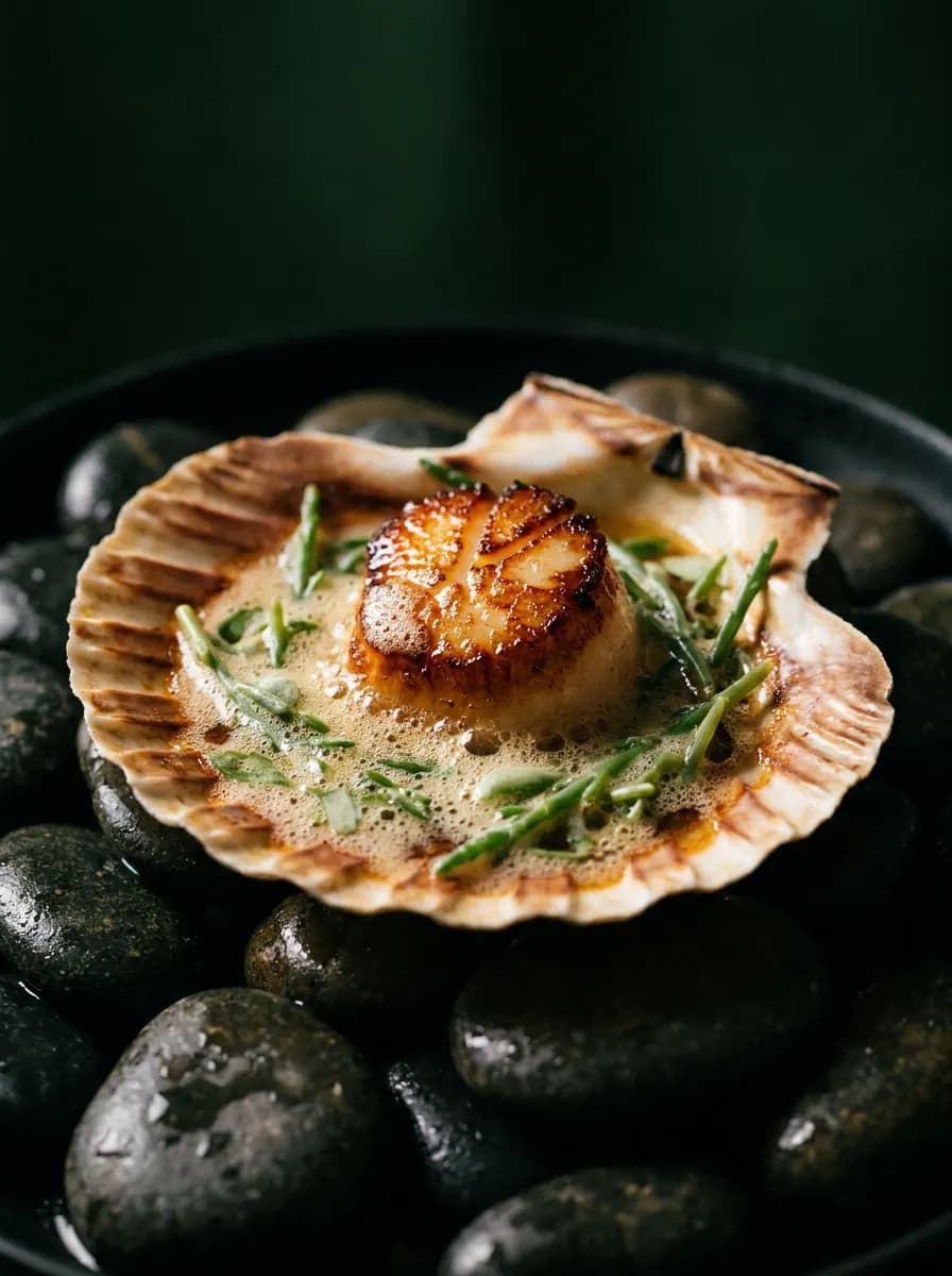 A seared scallop in its shell with foaming brown butter and green sea herbs