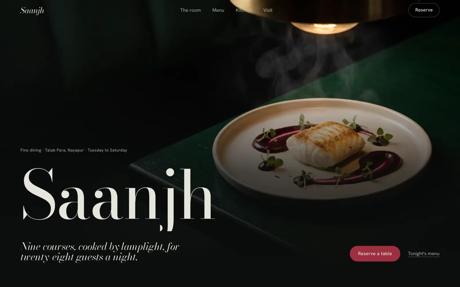 Saanjh restaurant website design demo: dark fine-dining landing page with a plated fish course lit by a single lamp
