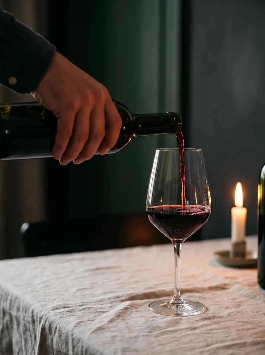 Red wine poured into a thin glass by candlelight