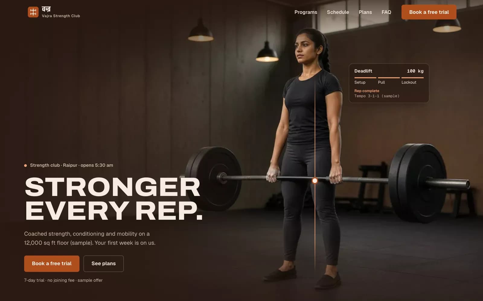Vajra Strength Club gym website demo: espresso-brown hero with a wide bold headline beside a photo of a woman locking out a deadlift, a glass rep tracker and a terracotta free-trial button