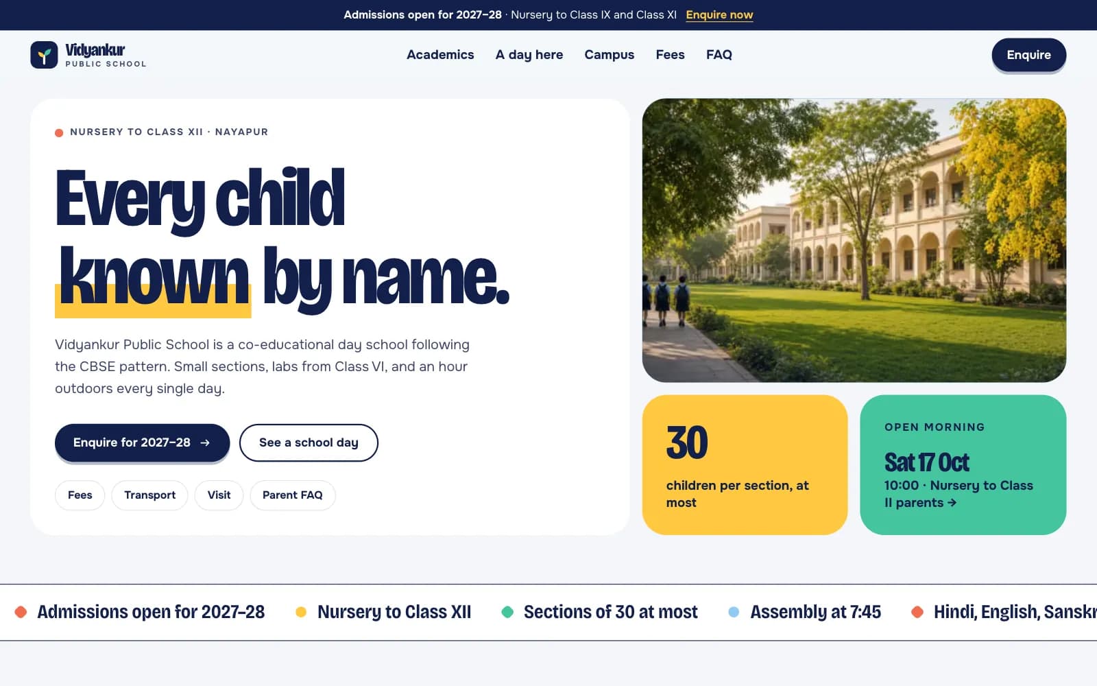 Vidyankur school website design demo: bright bento-grid landing page with a bold headline, a photo of an arched school building under an amaltas tree and colourful fact tiles