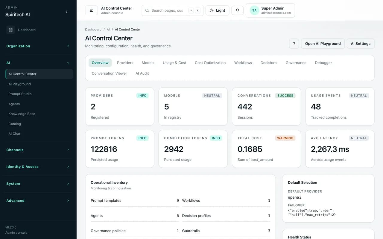 AI Chat Bot – AI Control Center screen