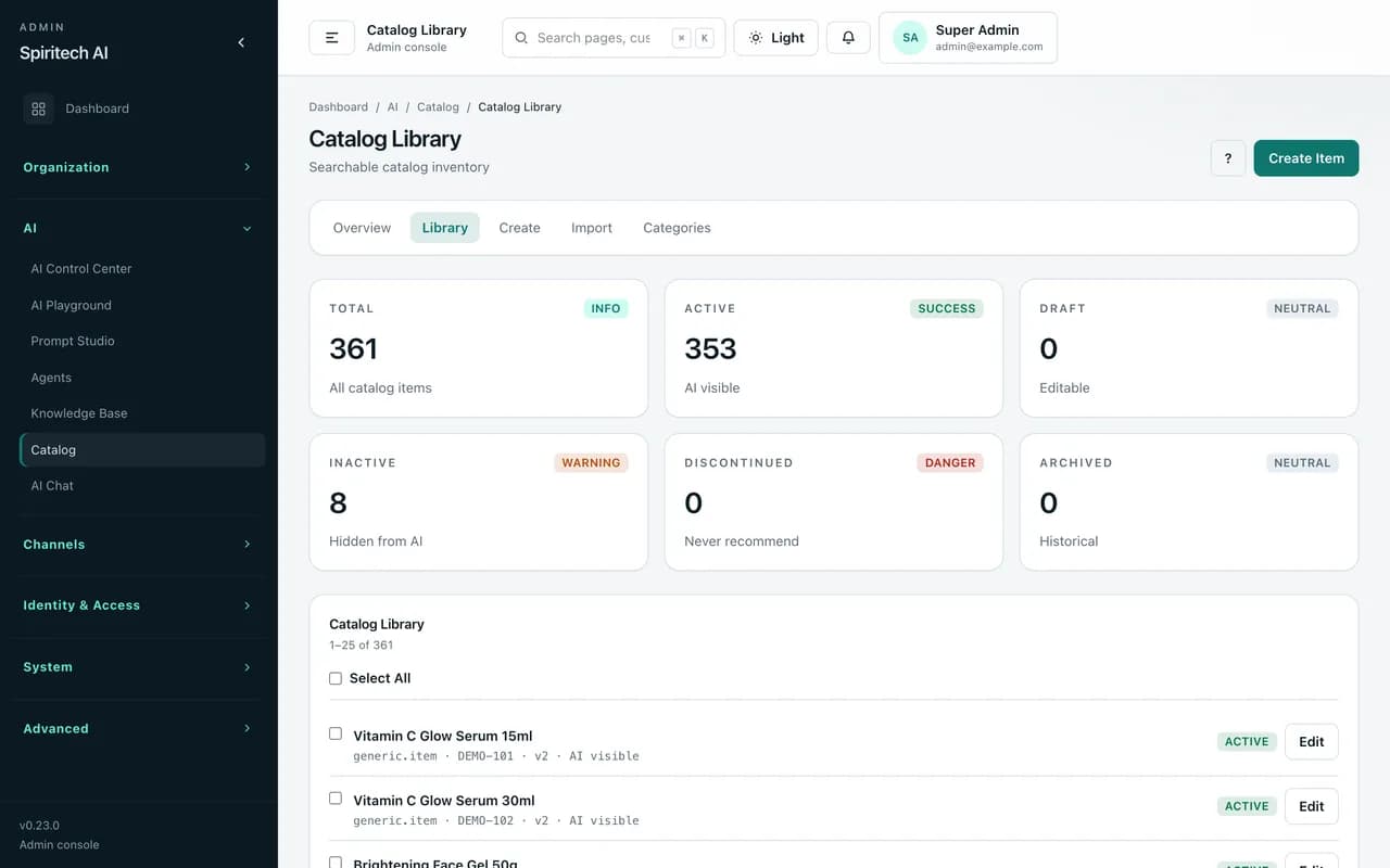 AI Chat Bot – Product catalogue screen