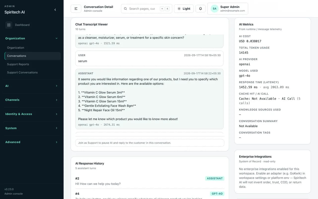 AI Chat Bot – Chat transcript and AI metrics screen