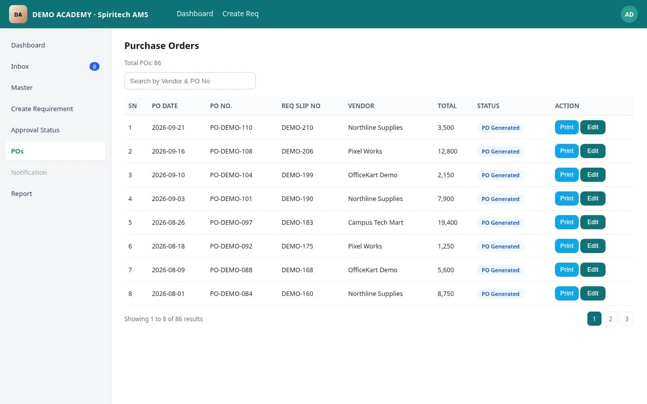 Institutional Approval Management System – Purchase orders screen