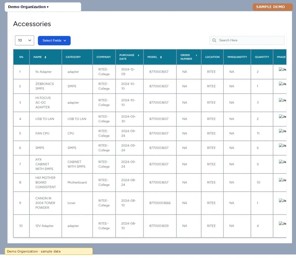 Asset Management – Accessories screen