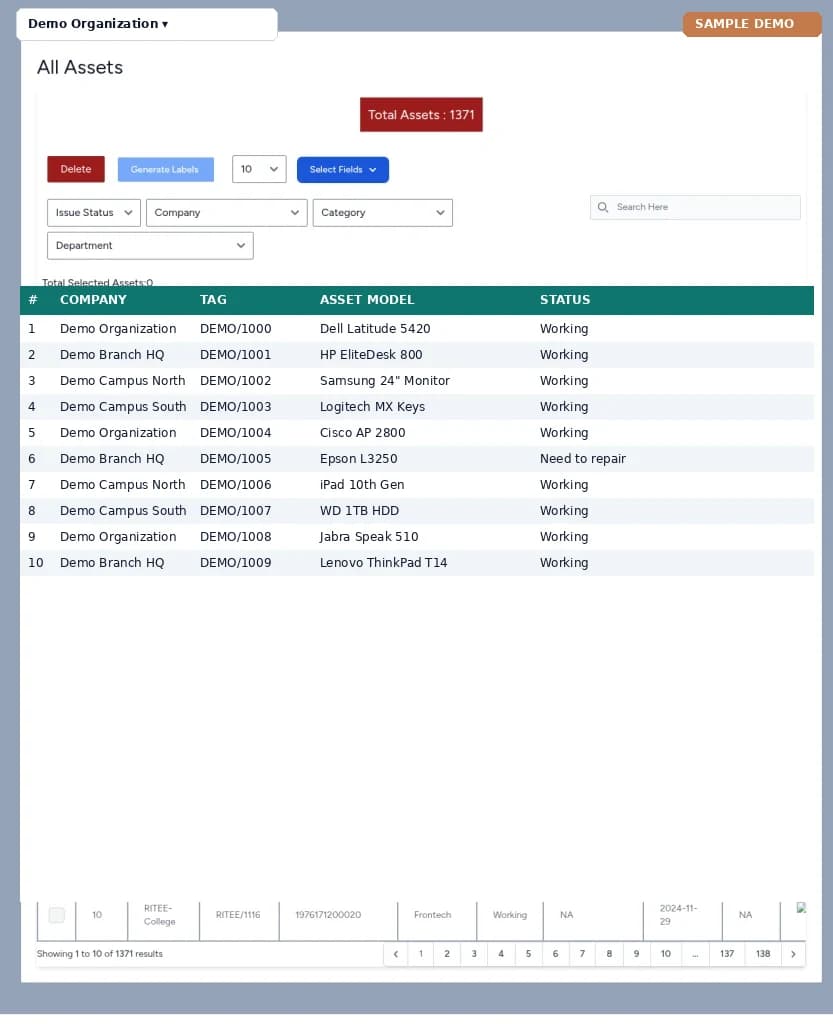 Asset Management – Assets inventory screen