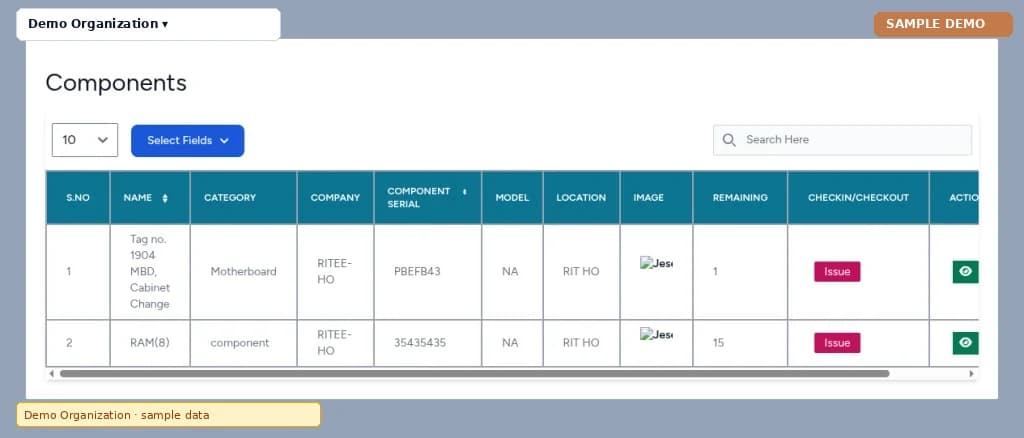 Asset Management – Components screen