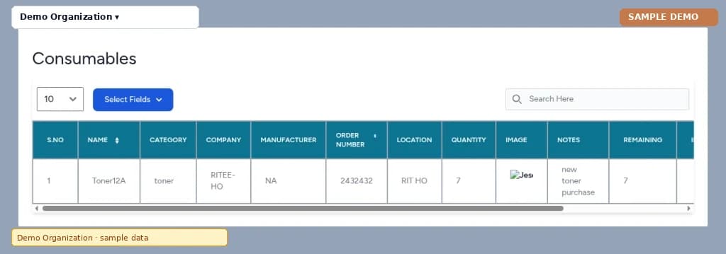Asset Management – Consumables screen