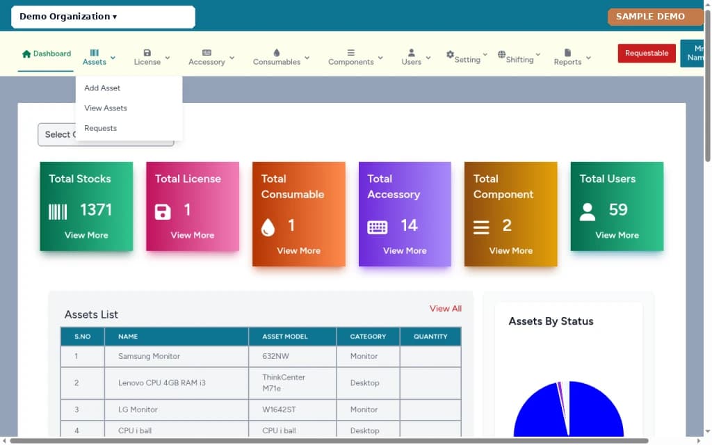 Asset Management – Dashboard screen