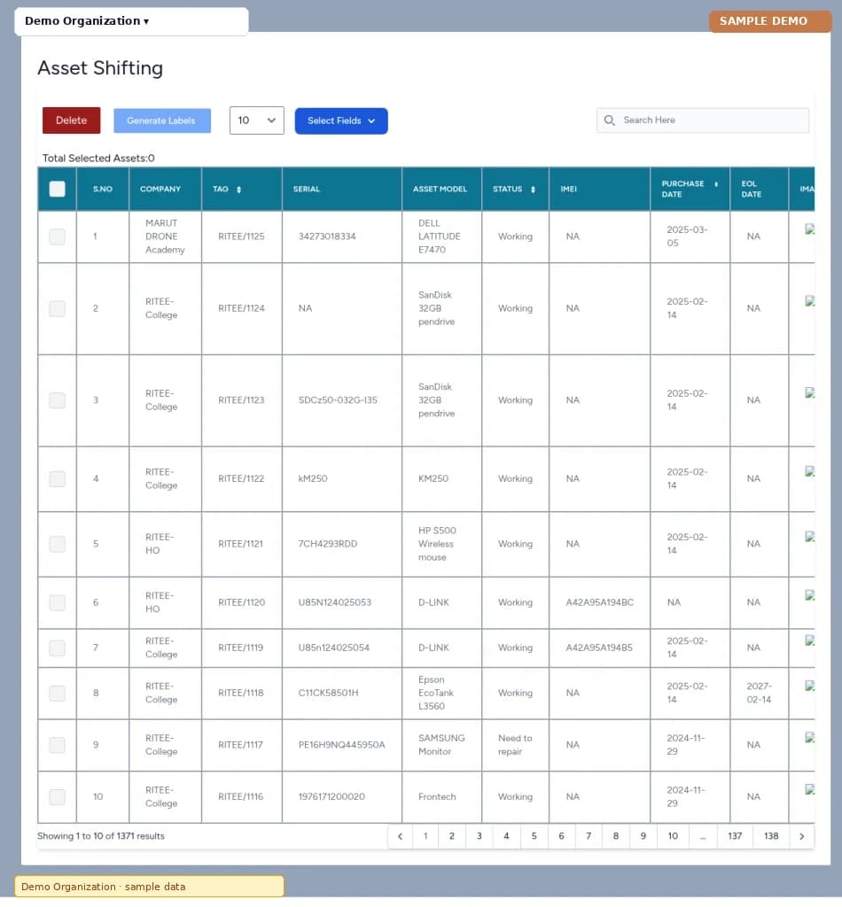 Asset Management – Internal shifting screen