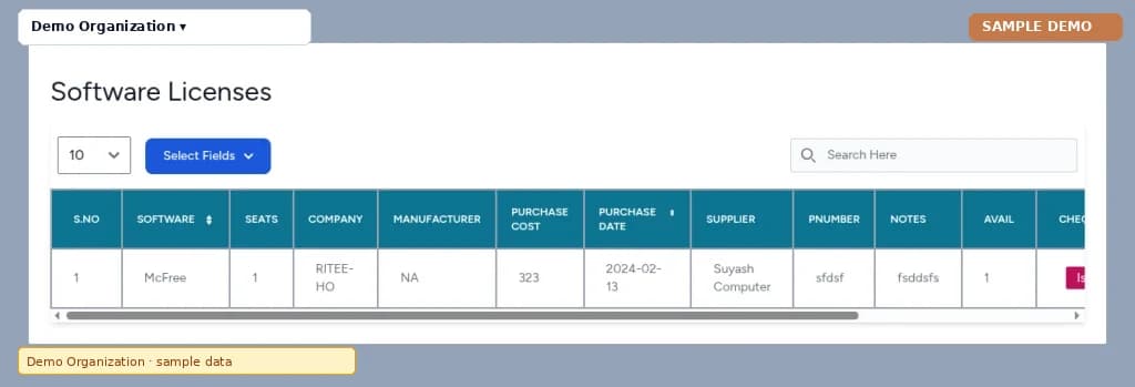 Asset Management – Licenses screen