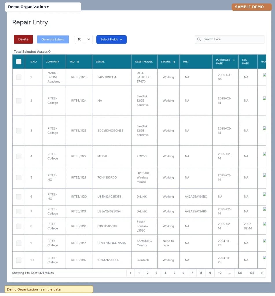 Asset Management – Repair / external shifting screen