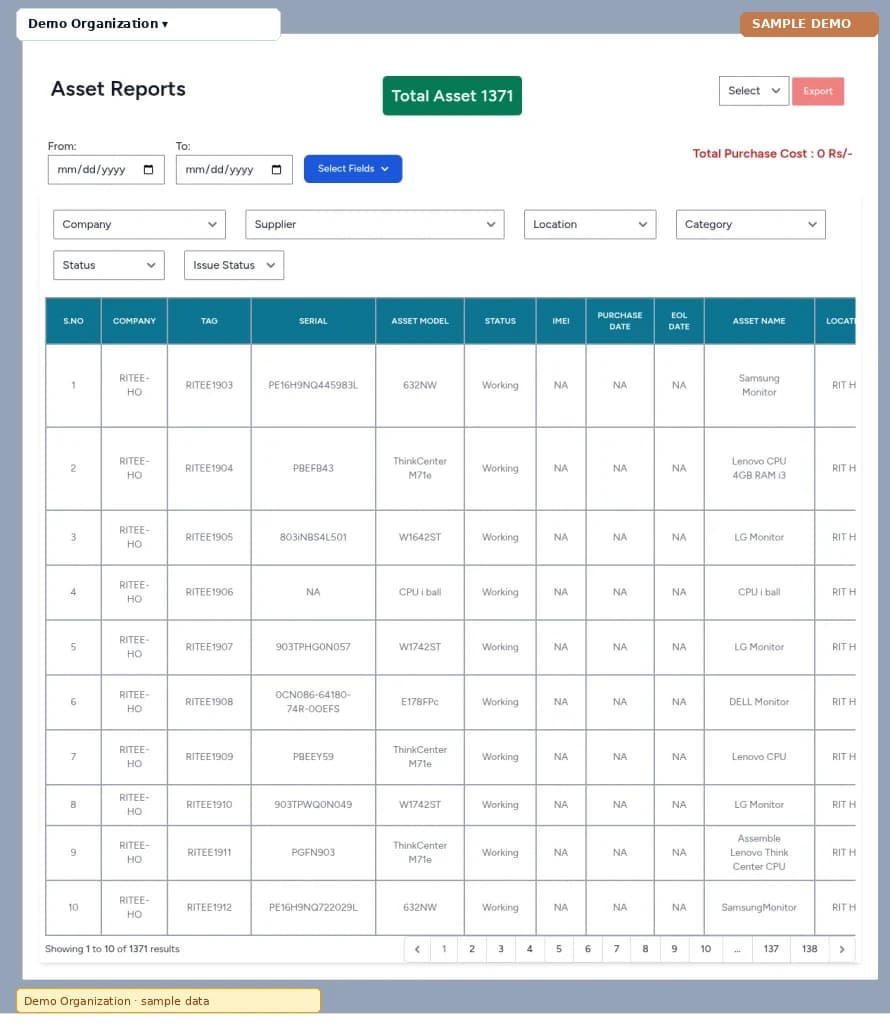 Asset Management – Reports screen