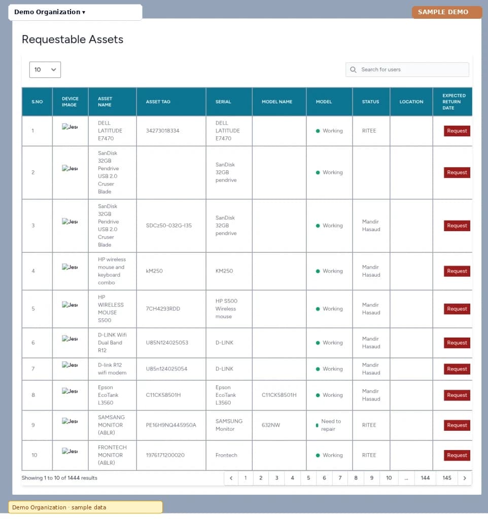 Asset Management – Requestable assets screen