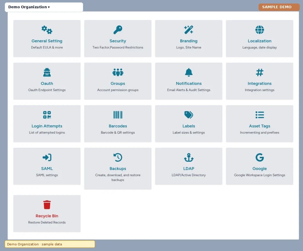 Asset Management – Settings hub screen