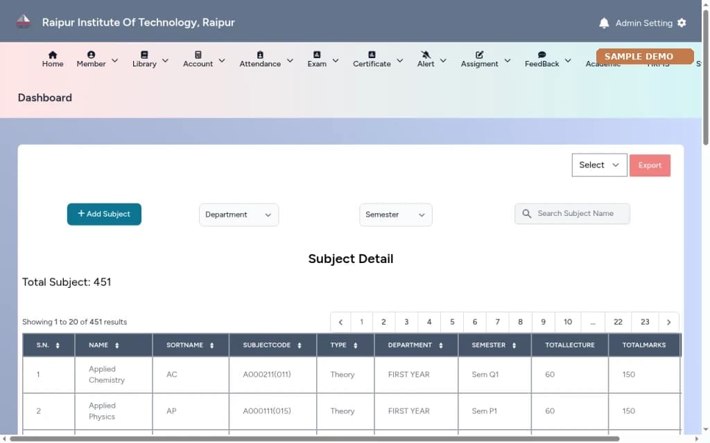 College ERP – Academic management screen