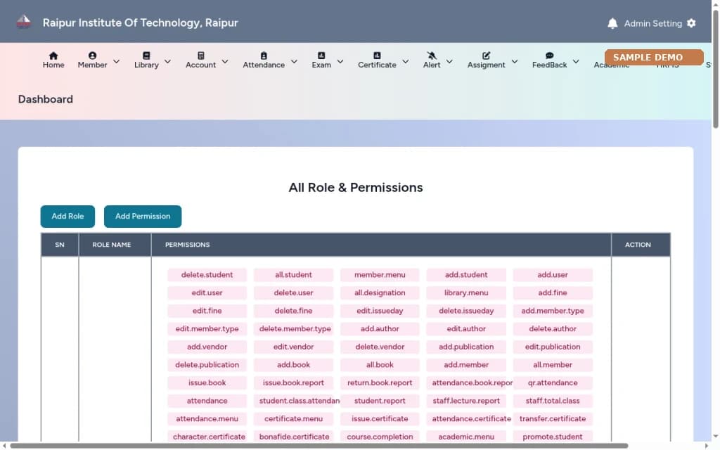 College ERP – Admin roles & permissions screen