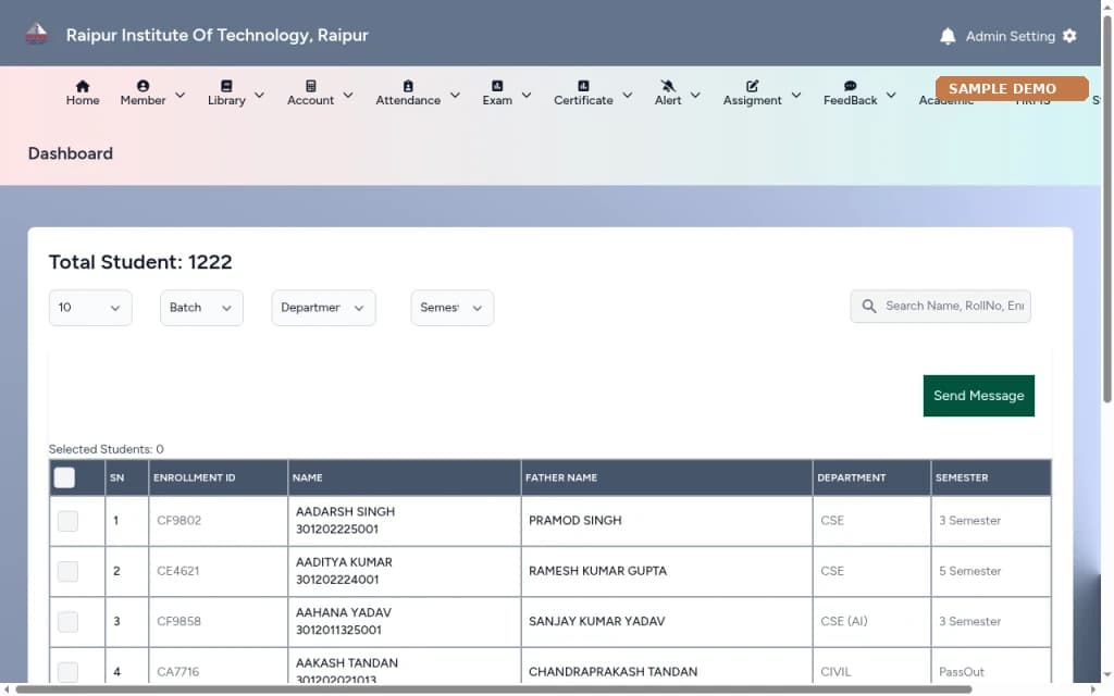 College ERP – Alerts screen