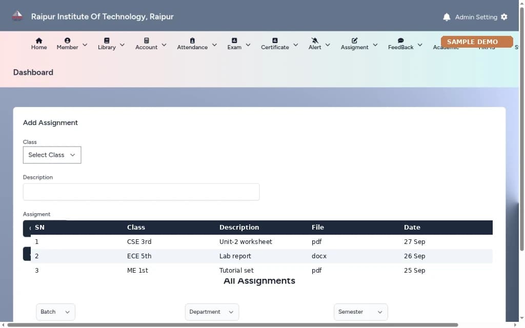 College ERP – Assignments screen