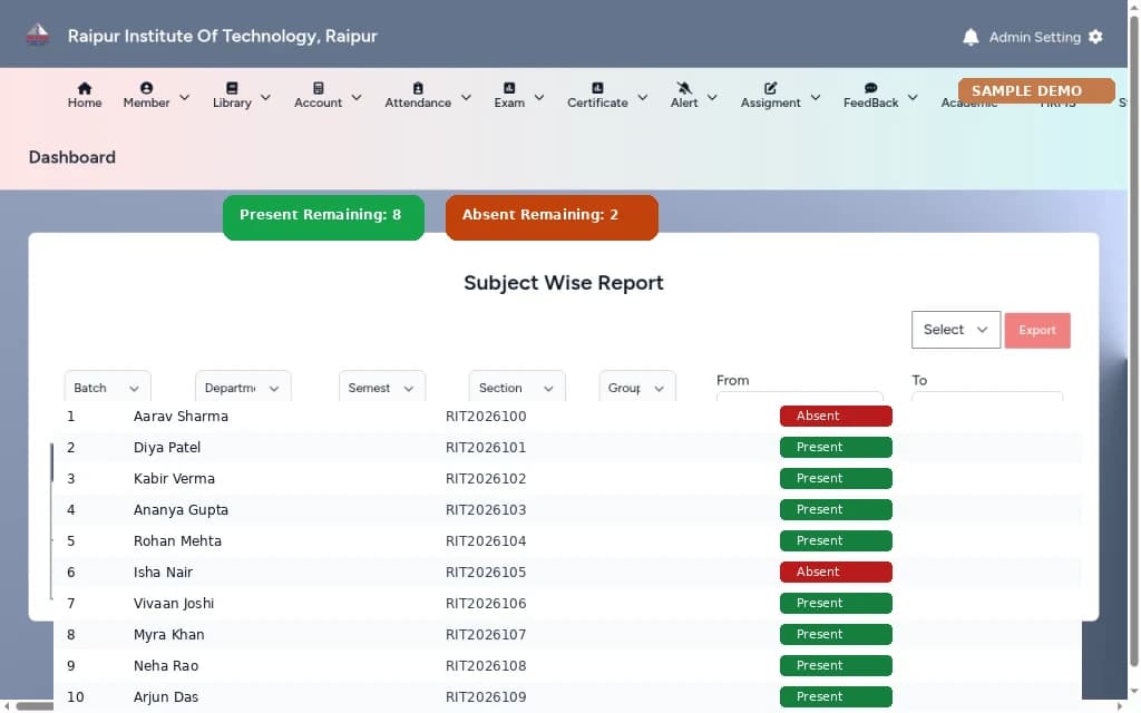 College ERP – Staff attendance screen