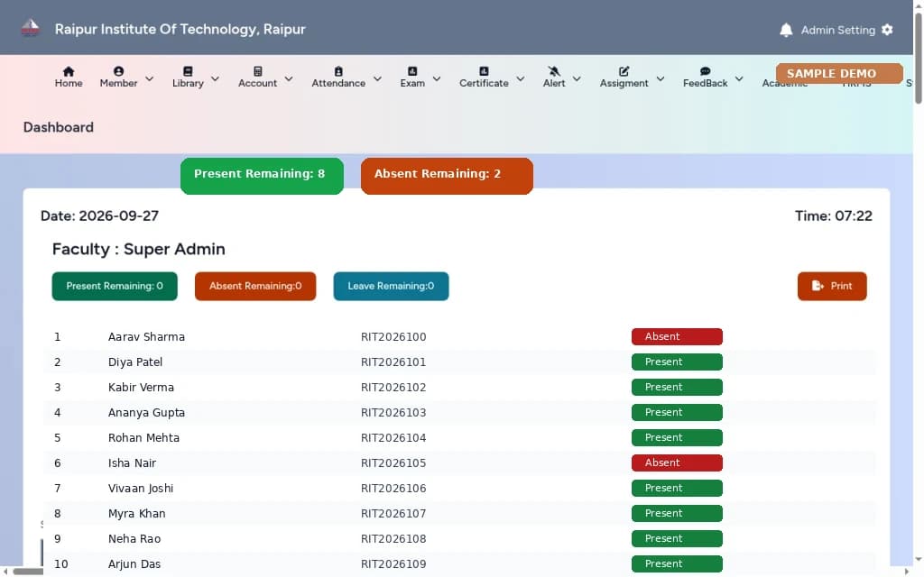 College ERP – Student attendance screen