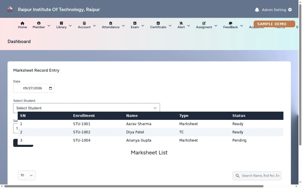 College ERP – Certificates screen