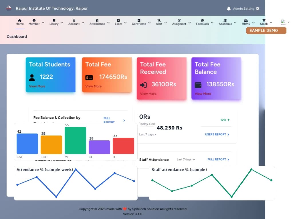 College ERP – Institute Dashboard screen