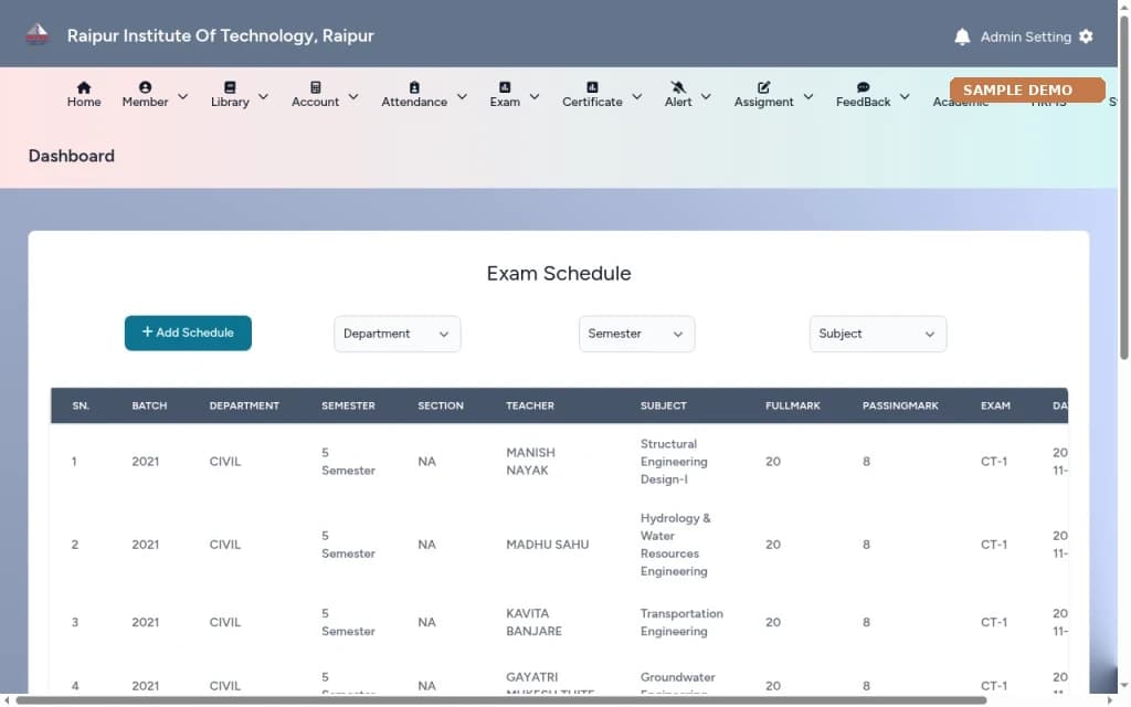 College ERP – Examination management screen