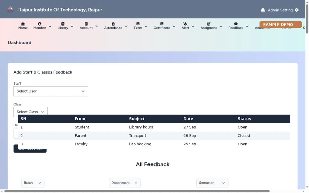 College ERP – Feedback screen
