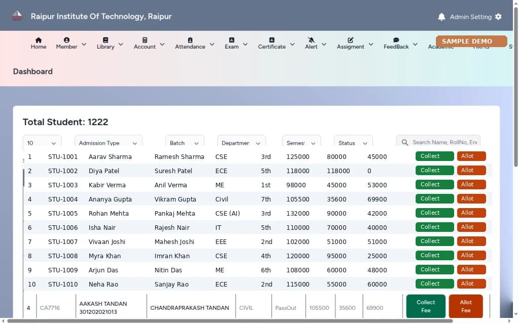 College ERP – Fees & accounts screen